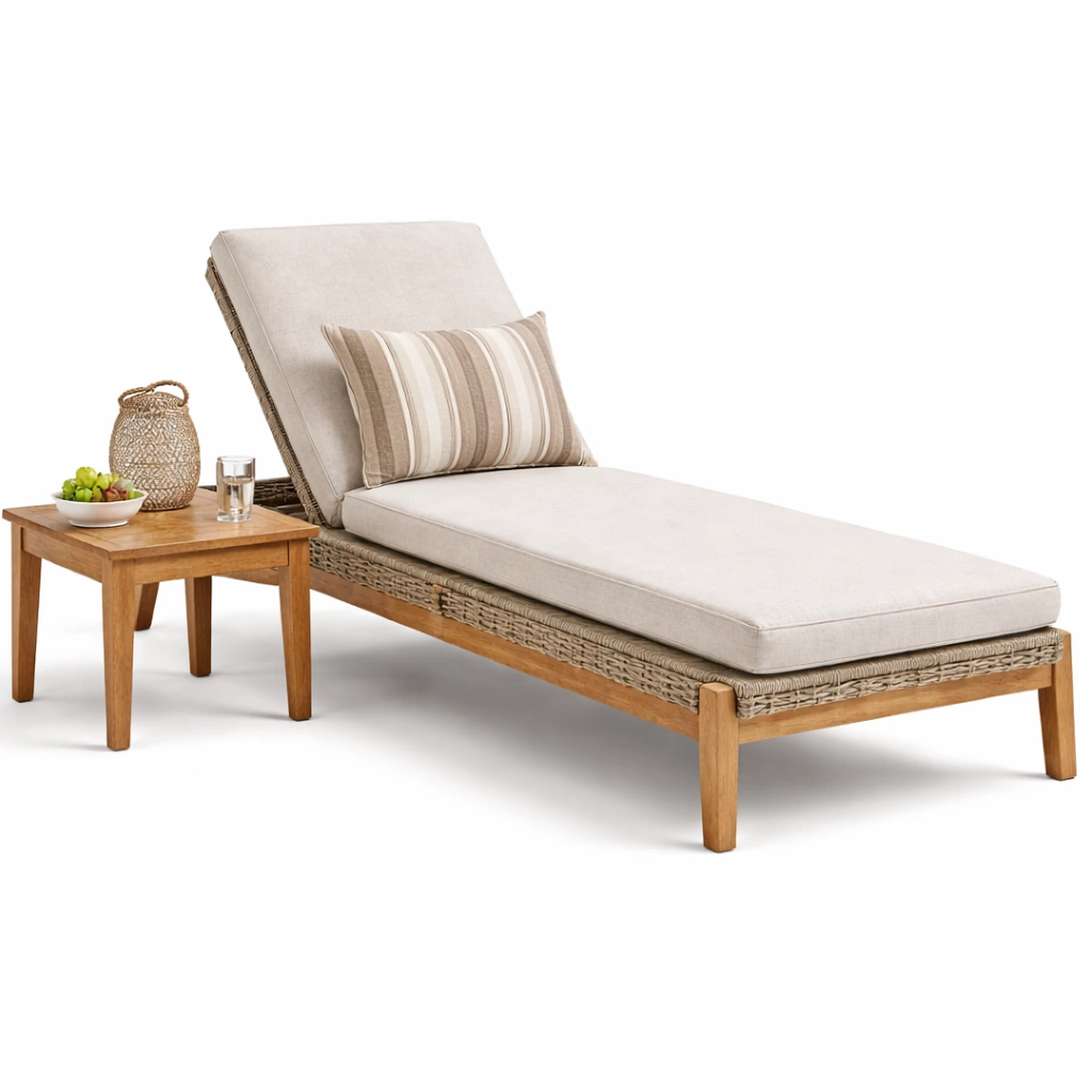 Outdoor Sonnenliege mit Beistelltisch Holzoptik Beige